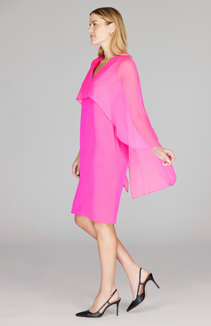 Silk Dress w/Chiffon V Neck Overlay