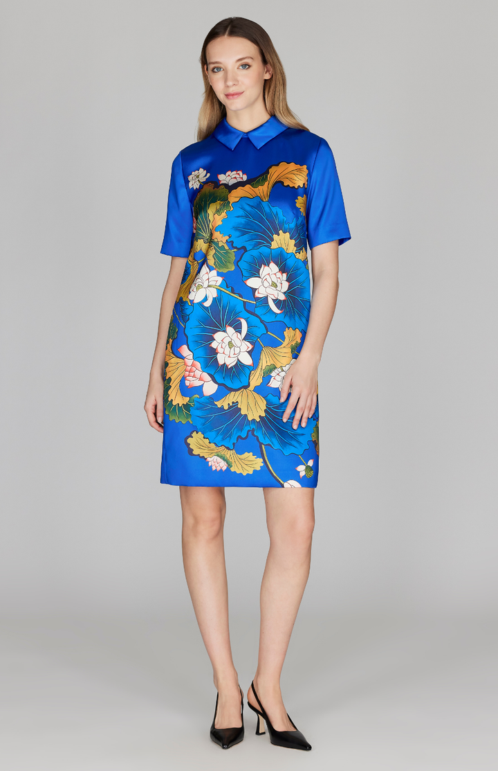 PREORDER Lotus Print Short Sleeve Collard Shift Dress