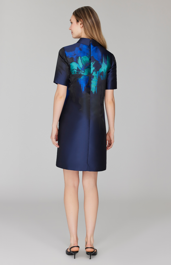 PREORDER Watercolor Floral Jacquard Short Sleeve Collared Shift Dress