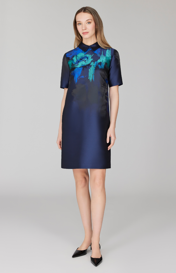 PREORDER Watercolor Floral Jacquard Short Sleeve Collared Shift Dress