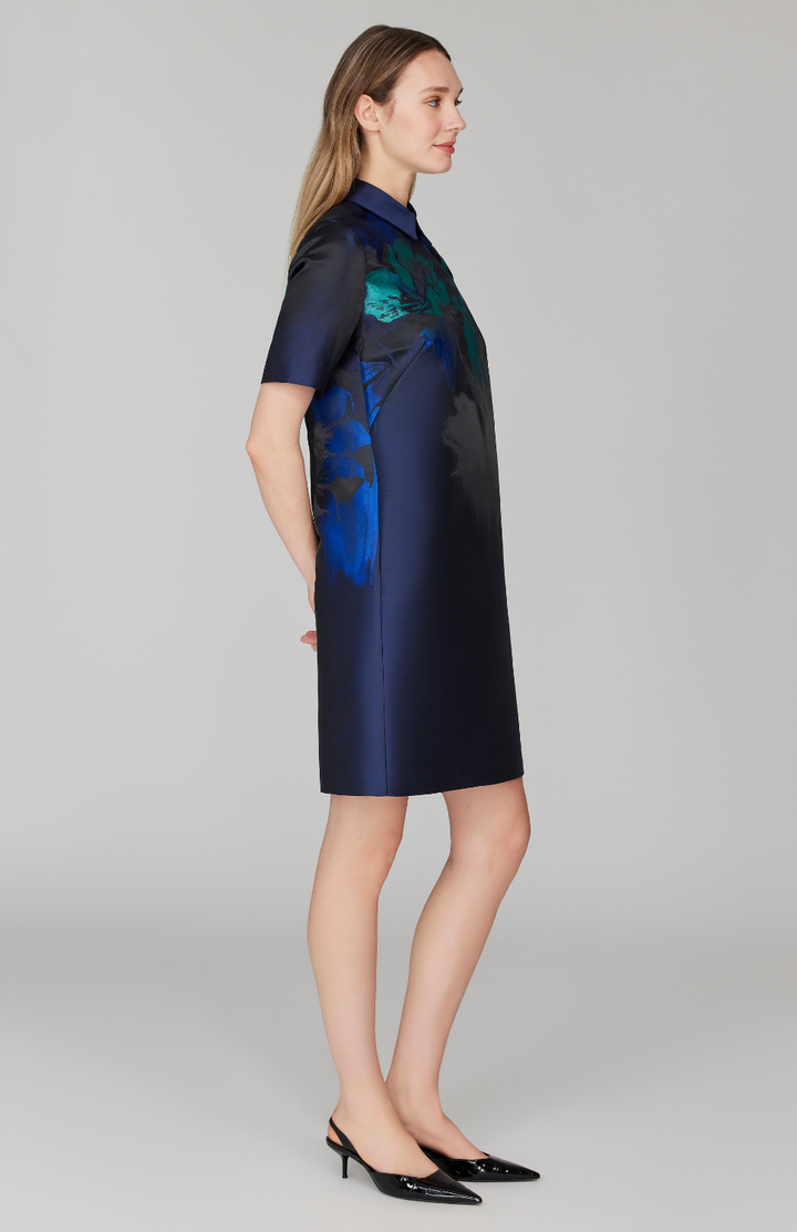 PREORDER Watercolor Floral Jacquard Short Sleeve Collared Shift Dress