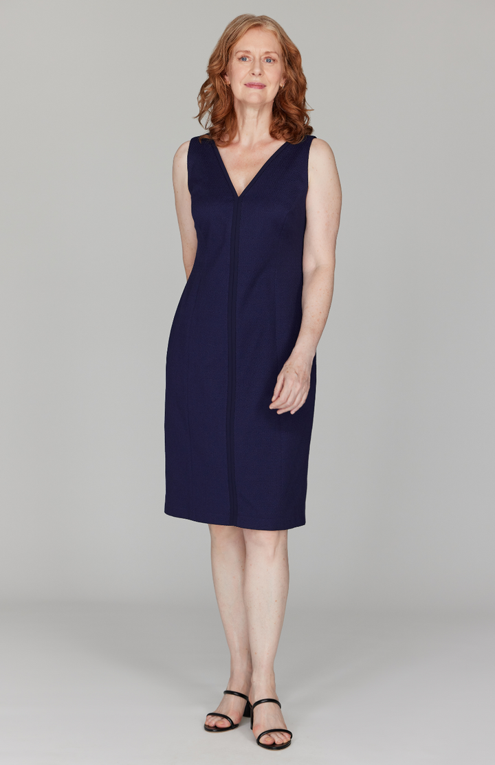 Pique V Neck Fitted Dress w/ Bias