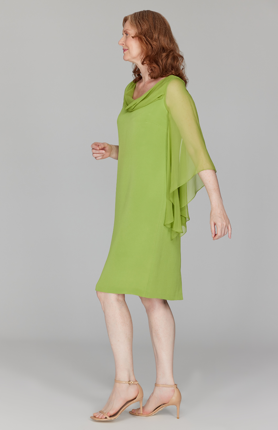 Silk Dress w/ Chiffon Drape & Cascade Sleeve