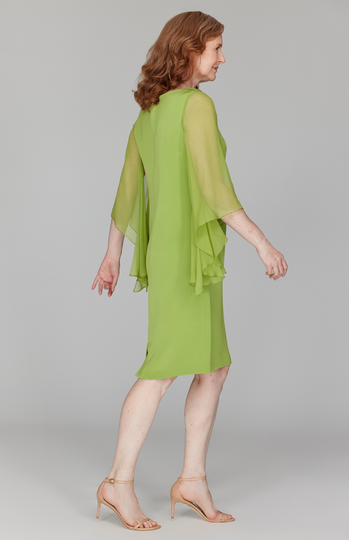 Silk Dress w/ Chiffon Drape & Cascade Sleeve