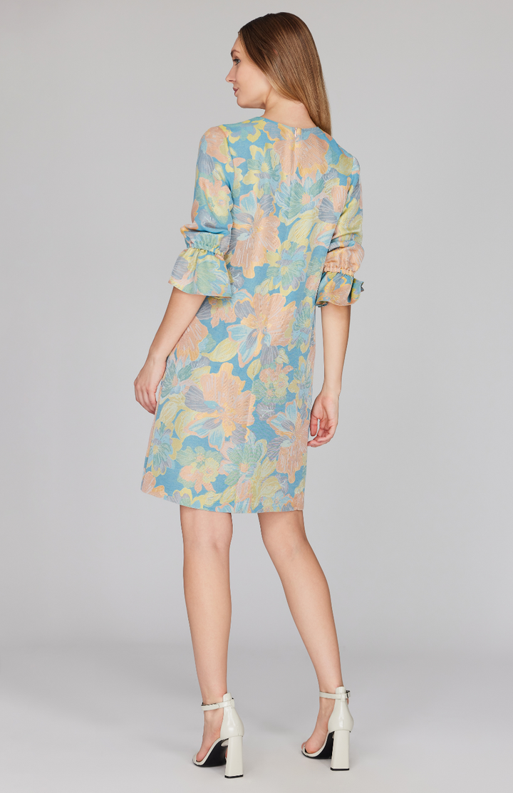 Hibiscus Jacquard Shift Dress w/ Gathered Cuffs