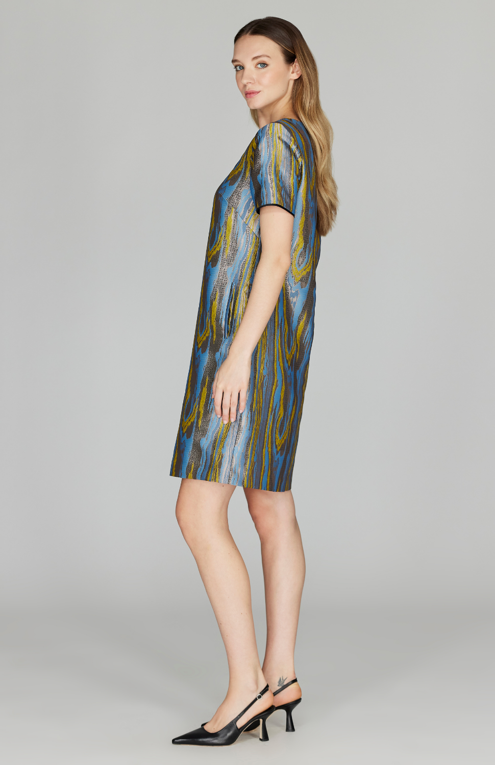 Moire Jacquard Short Sleeve Shift Dress