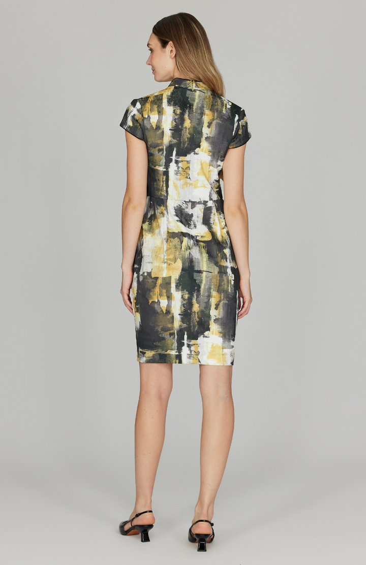 Abstraction Stretch Jacquard High Neck Fitted Dress w/ Cap Sleeves