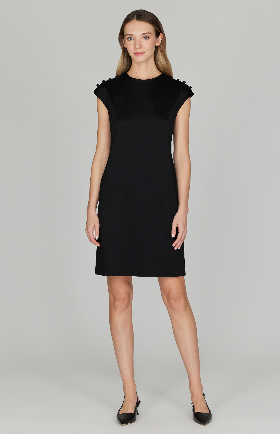 Matte Jersey Fitted Dress w/ Shoulder Buttons