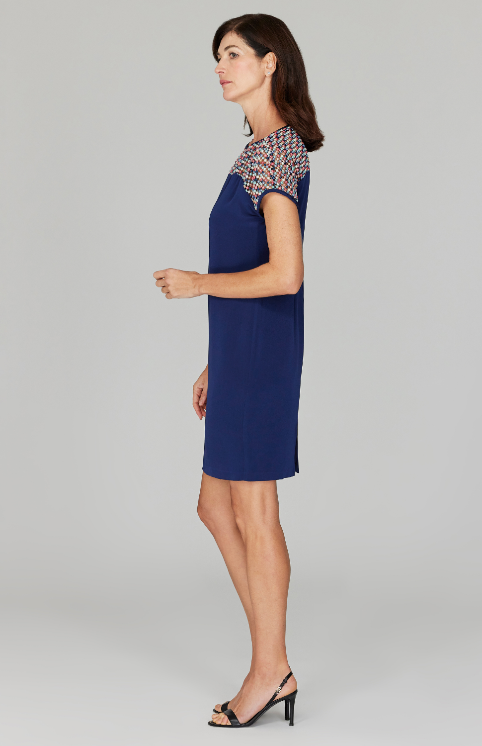 Metallic Pom Pom Silk Sheath Dress w/ Illusion Neck