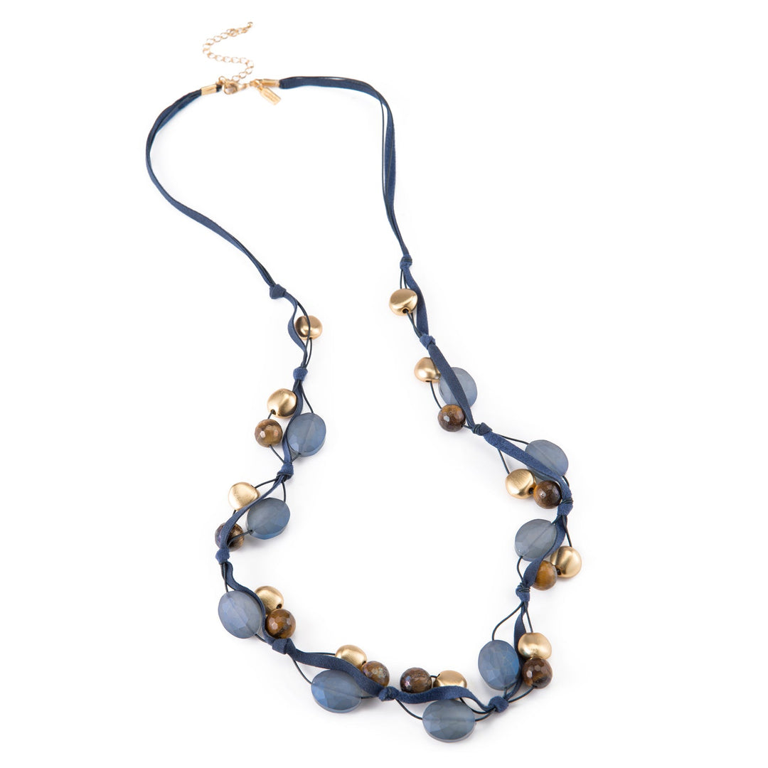 Matte Blue Labradorite Crystal And Blue And Brown Tiger Eye With Matte Gold Long Layer Necklace