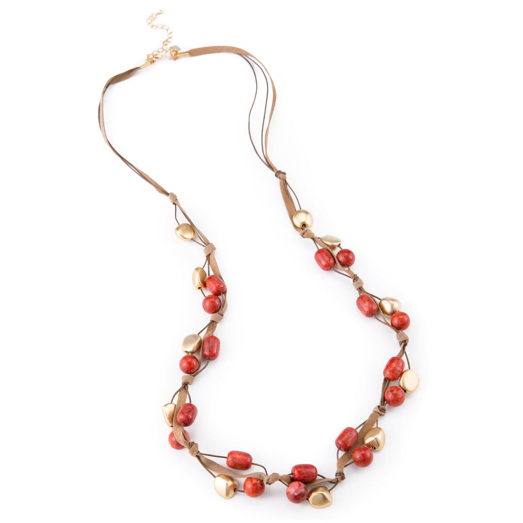 Red Sponge Coral And Matte Gold Pebble Bead Bronze Leather And Suede Layer Necklace