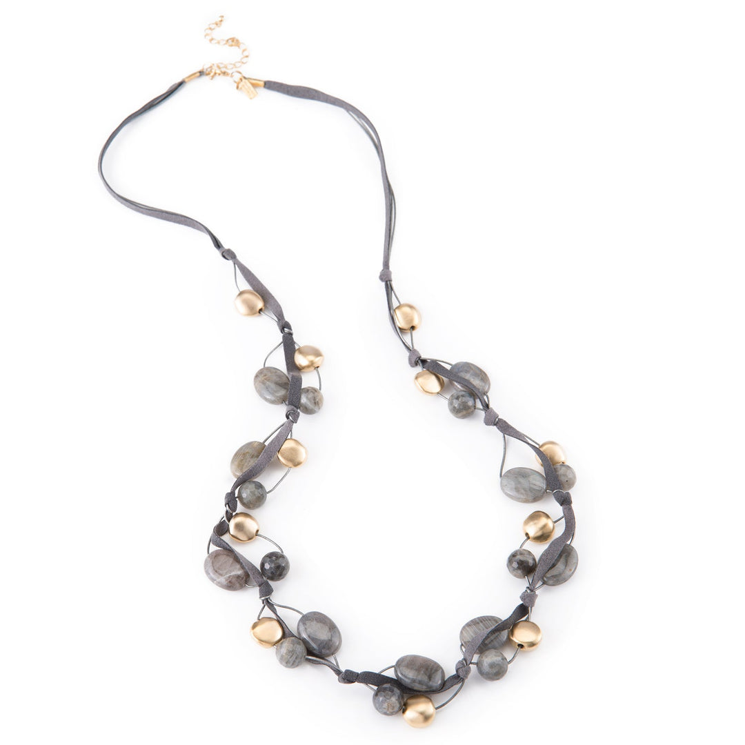 Natural Labradorite Matte Gold Pebble Bead Gray Suede And Platinum Leather Layer Necklace