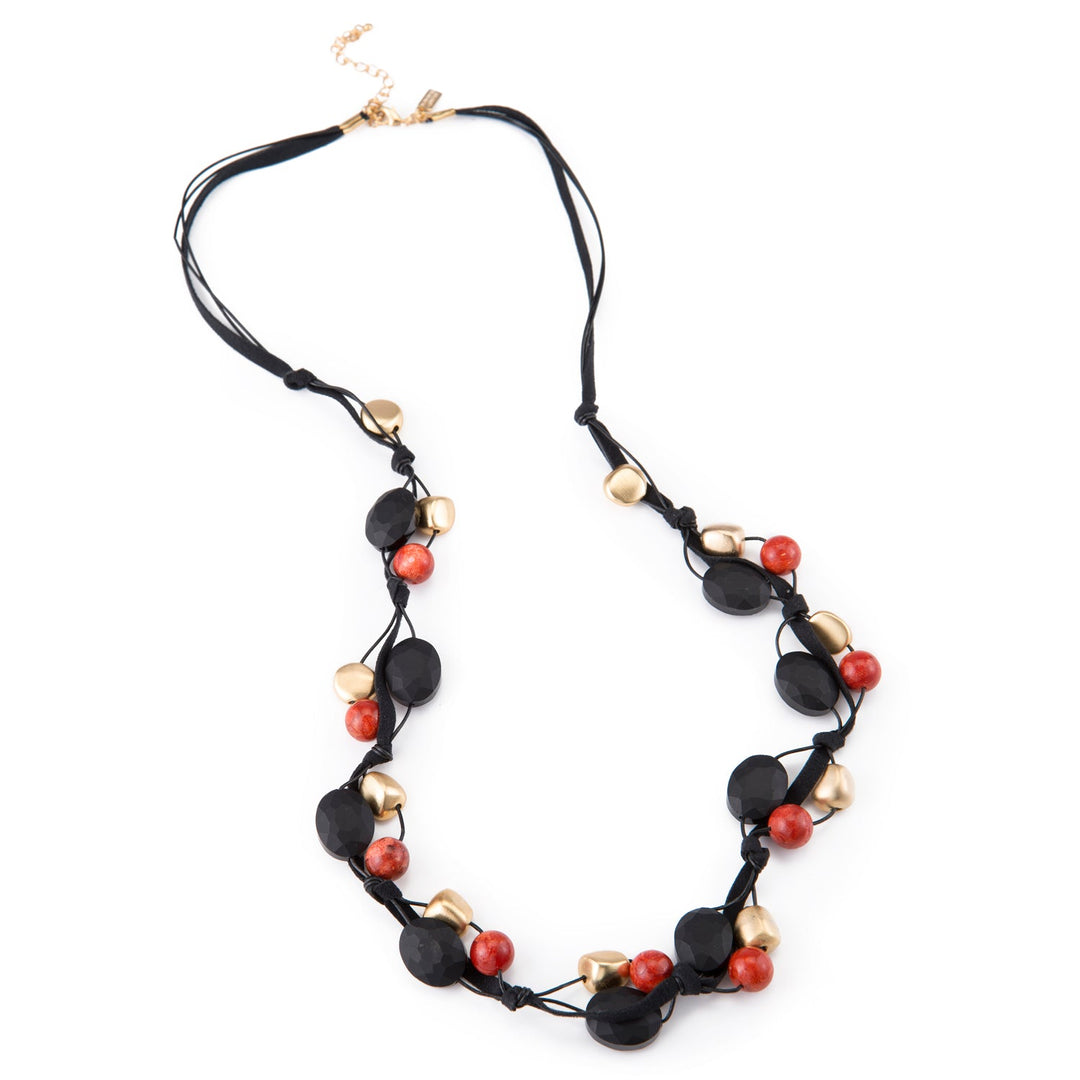 Matte Black Crystal And Red Fossil Coral Gold Pebble Bead Black Leather And Suede Layer Necklace