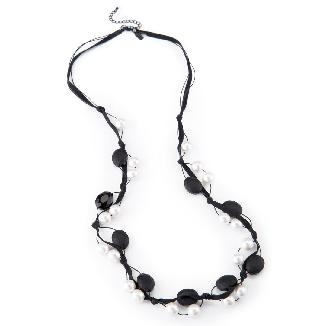 Matte Black Crystal White Pearl Black Suede And Black Leather Layer Necklace