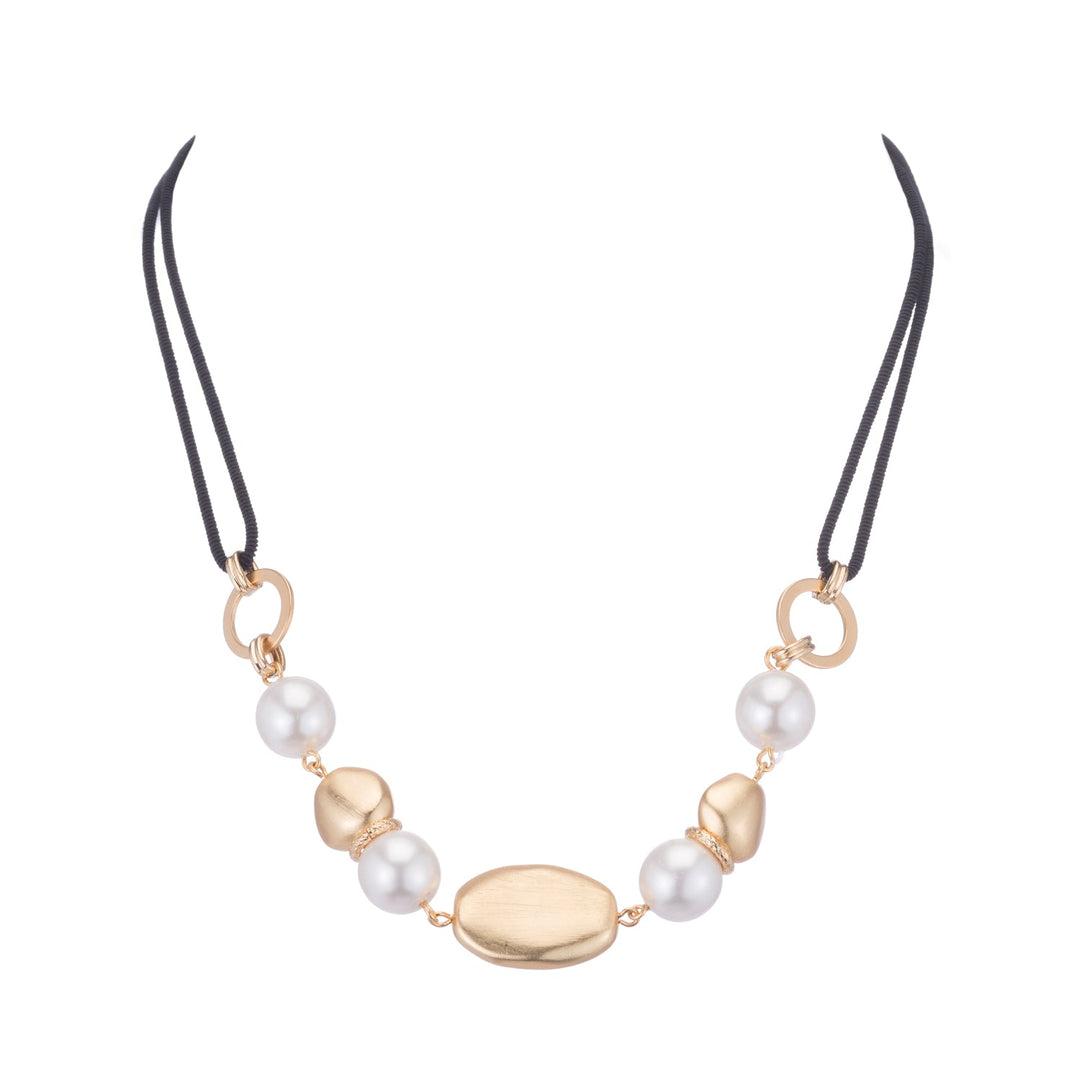 Matte Gold,White Glass Pearl Matte Gold Pebble Linkage Black Linen Necklace