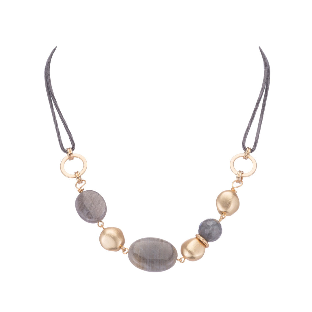 Matte Gold,Natural Labradorite Matte Gold Pebble Linkage Gray Linen Necklace