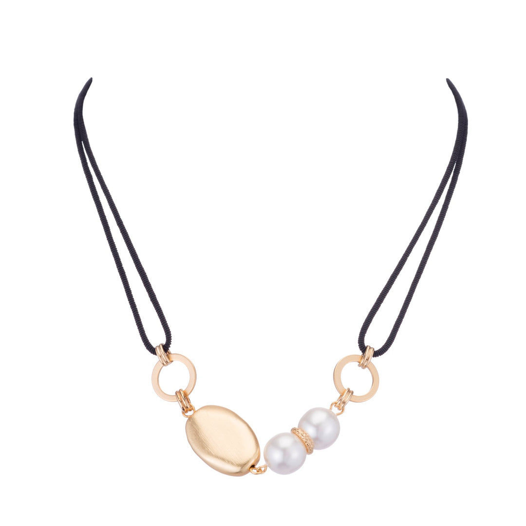 Matte Gold And White Glass  Pearl Linkage Black Linen Necklace