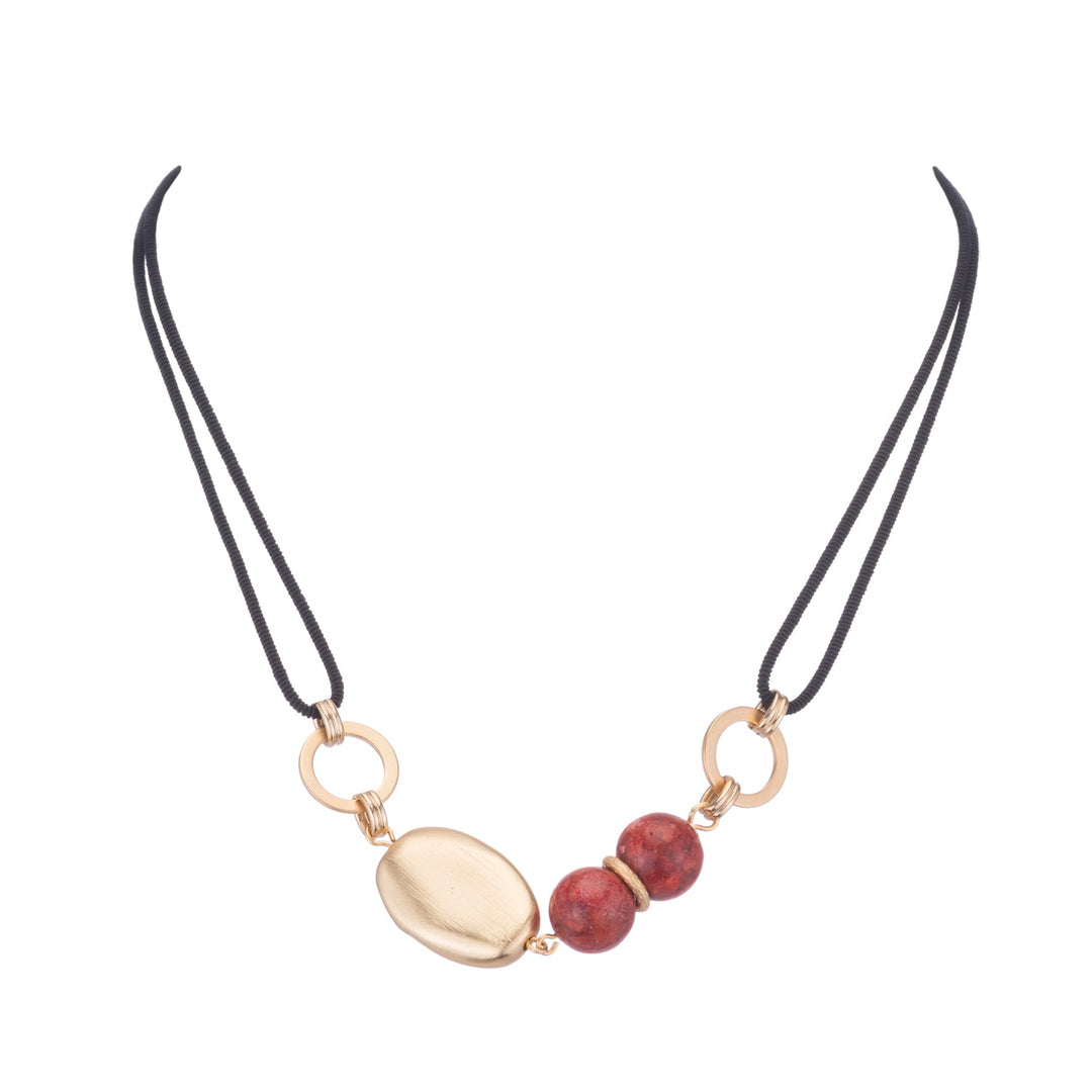 Matte Gold And Red Fossil Coral Linkage Black Linen Necklace