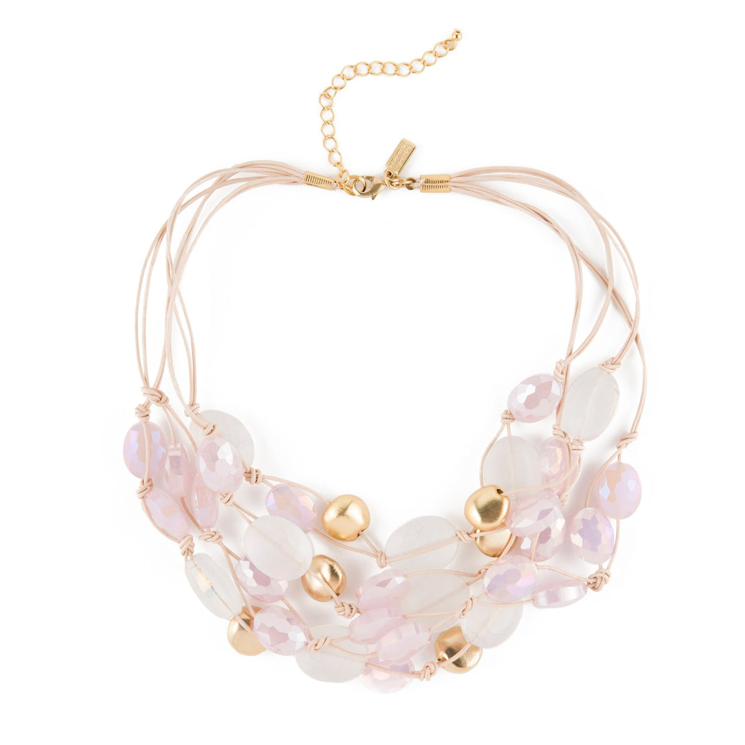 Matte White Crystal, Pink Velvet Crystal And Matte Gold Pebble Beads Putty Leather Cluster Necklace