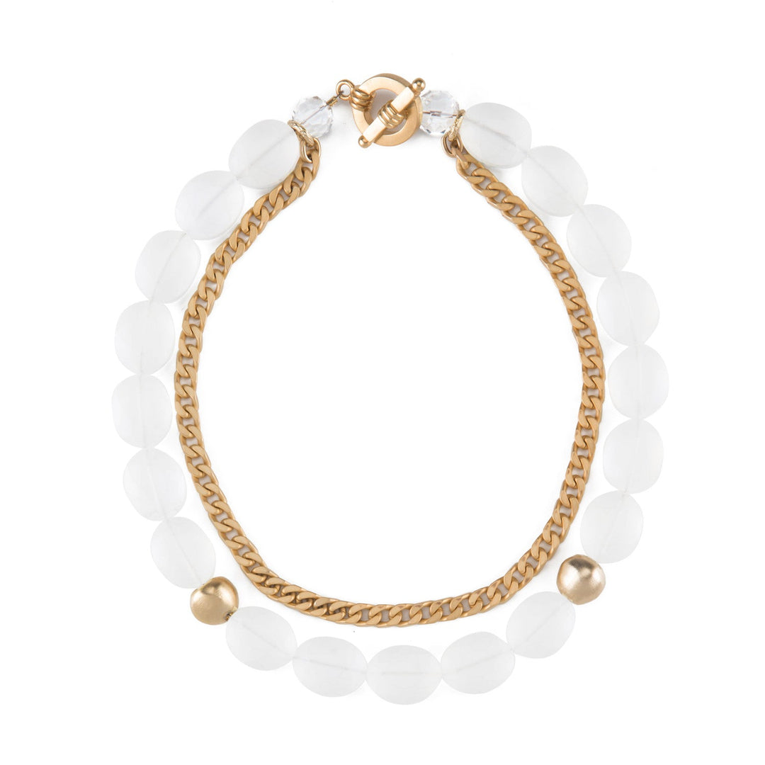 Matte White Ab Crystal 14Kt Matte Gold Plate Pebble Bead With Curb Chain Toggle Closure Necklace