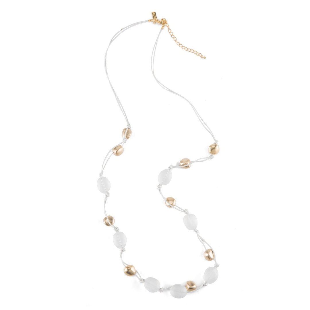 Matte White Crystal And Matte 14Kt Gold Plate Pebble Bead Shell Leather Layer Necklace