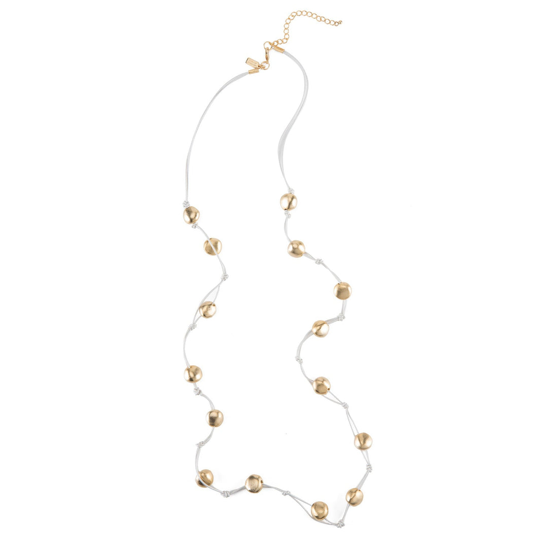 Matte Gold Pebble Bead Shell Leather Layer Necklace