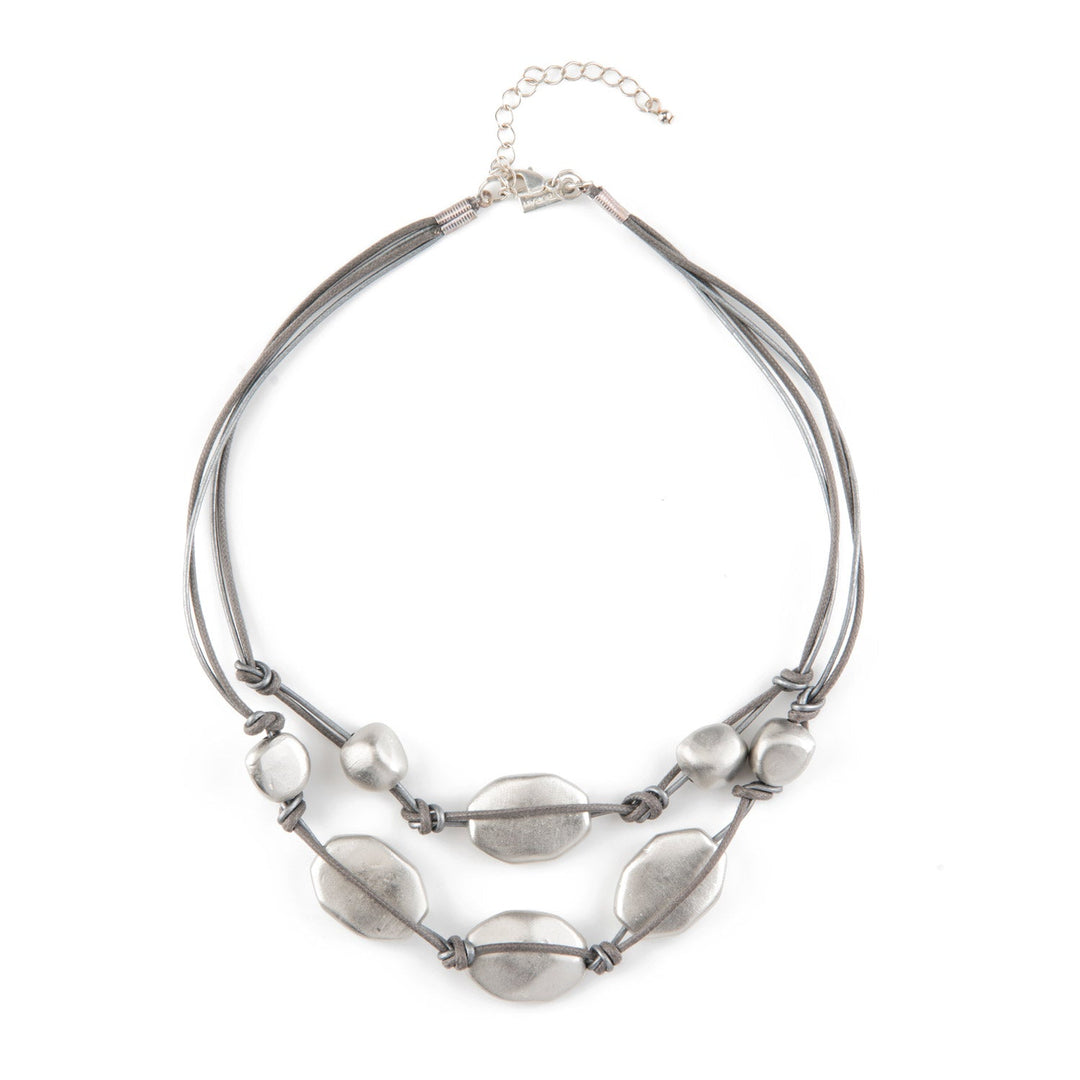 Matte Silver Bead Graduated Platinum Leather Necklace