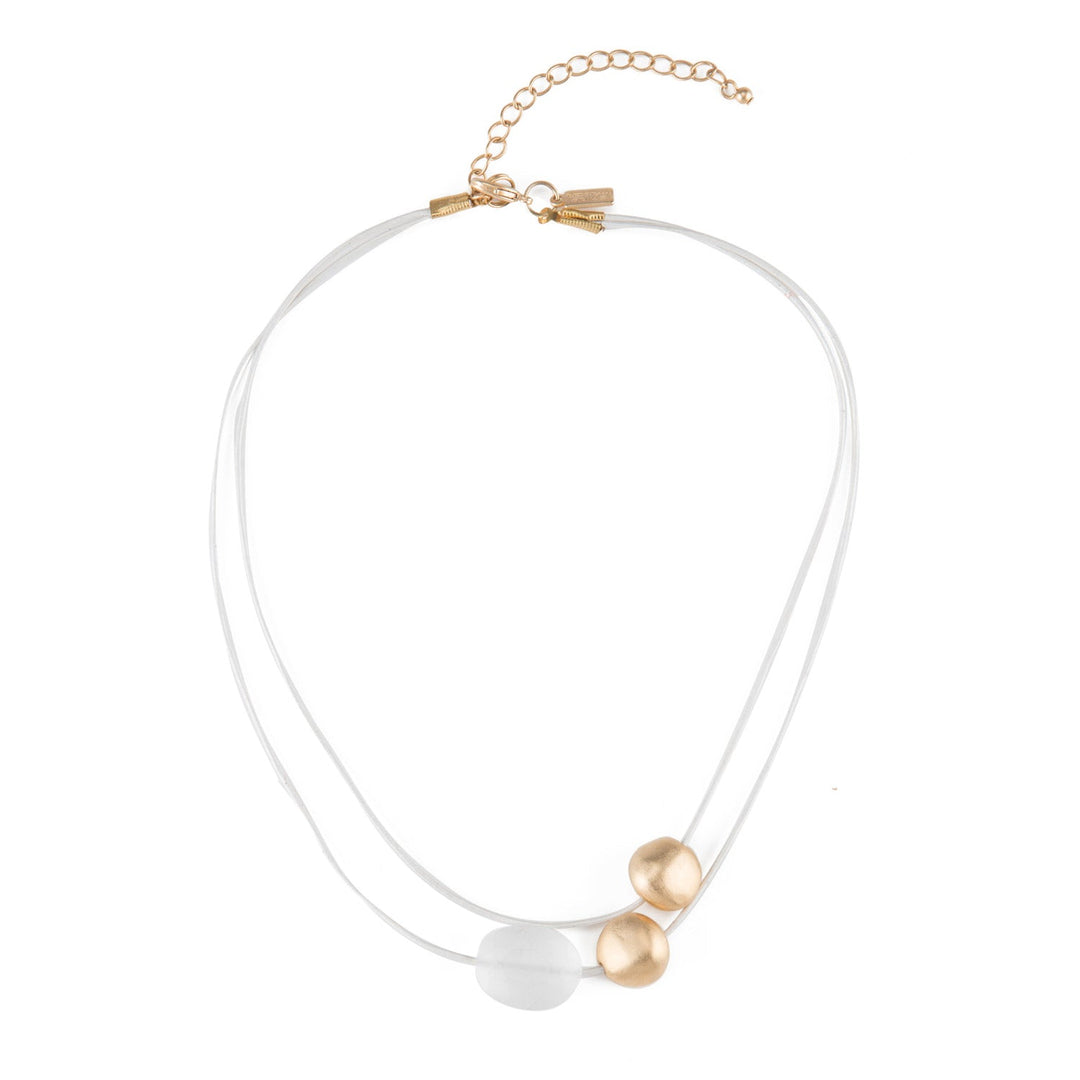 Matte White Ab Crystal And 14Kt Matte Gold Plate Pebble Bead 2 Strand Graduated Shell Leather Necklace