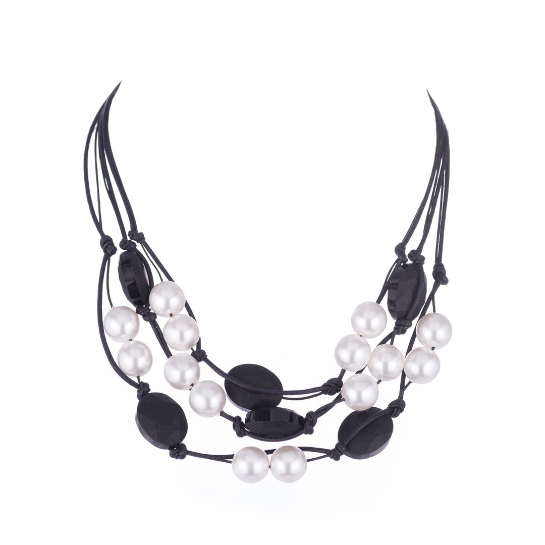 Matte Black And Glass Pearl Black Leather And Black Waxed Linen Torsade Necklace