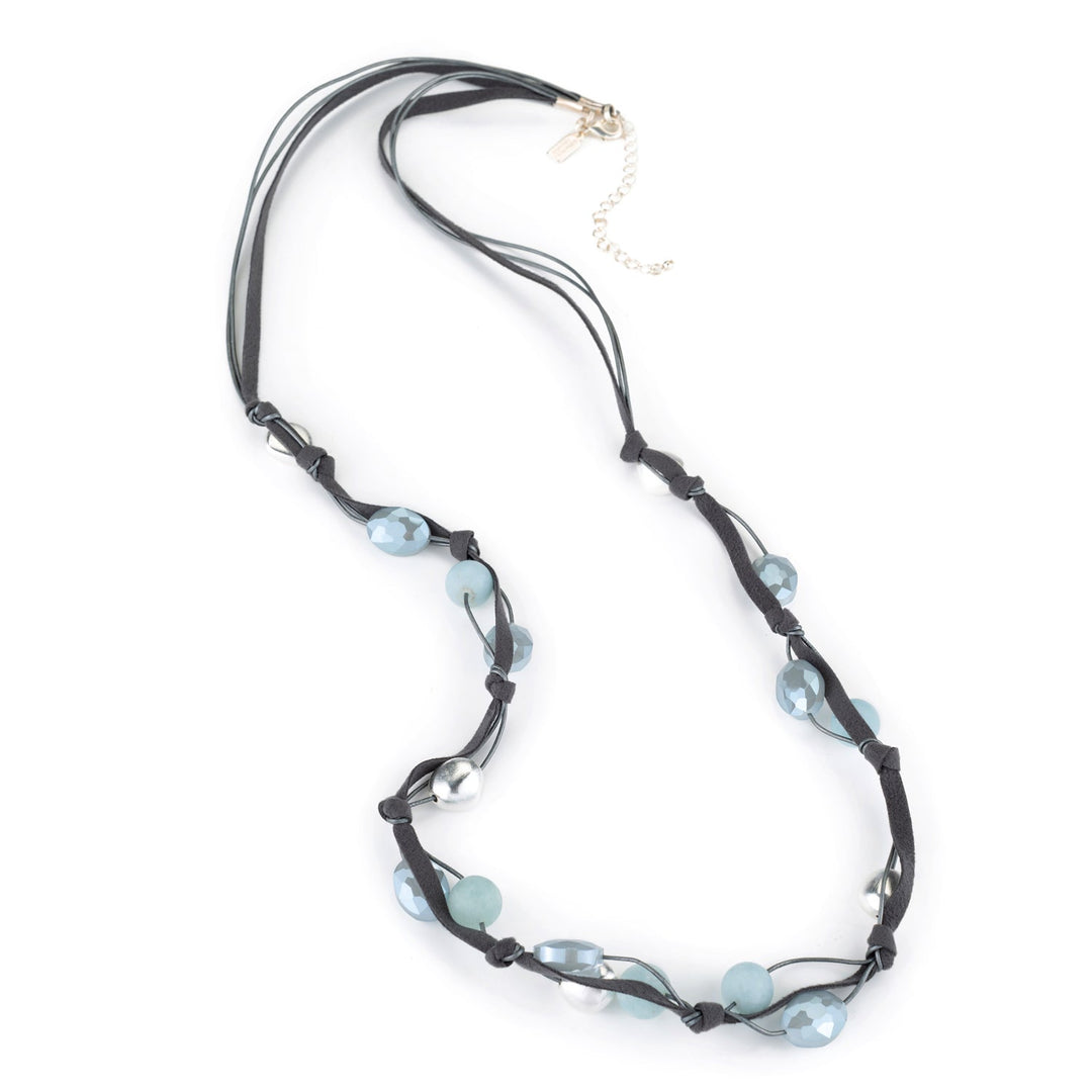 Matte Aqua Marine Blue Velvet Crystal And Silver Pebble Bead Long Layer Necklace