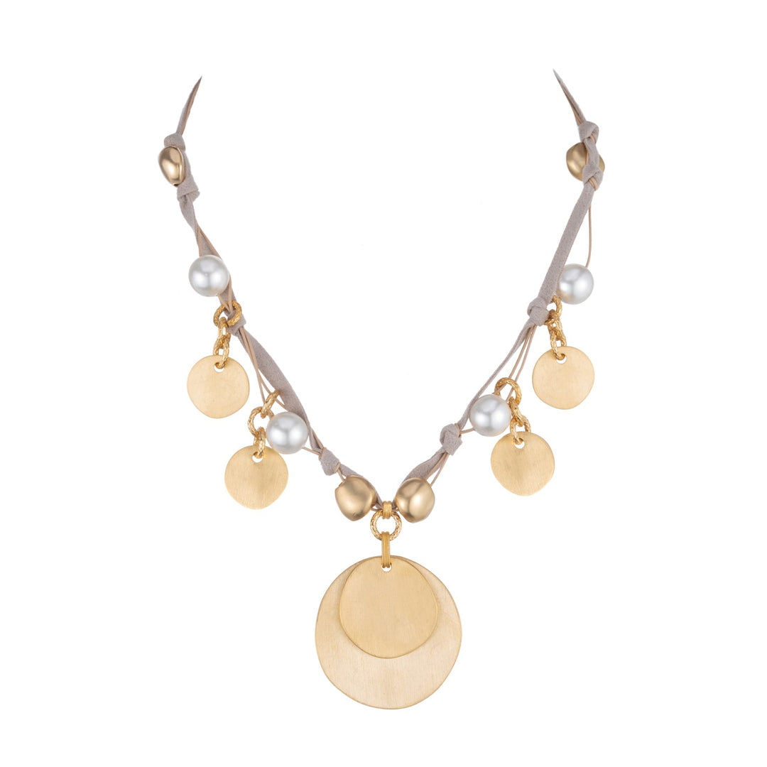 Matte Gold Coin Charm With Pearl Necklace