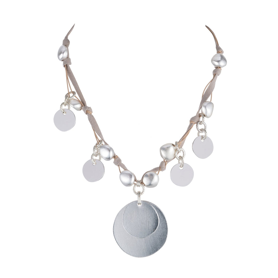 Matte Silver Coin Charm Natural Suede Necklace