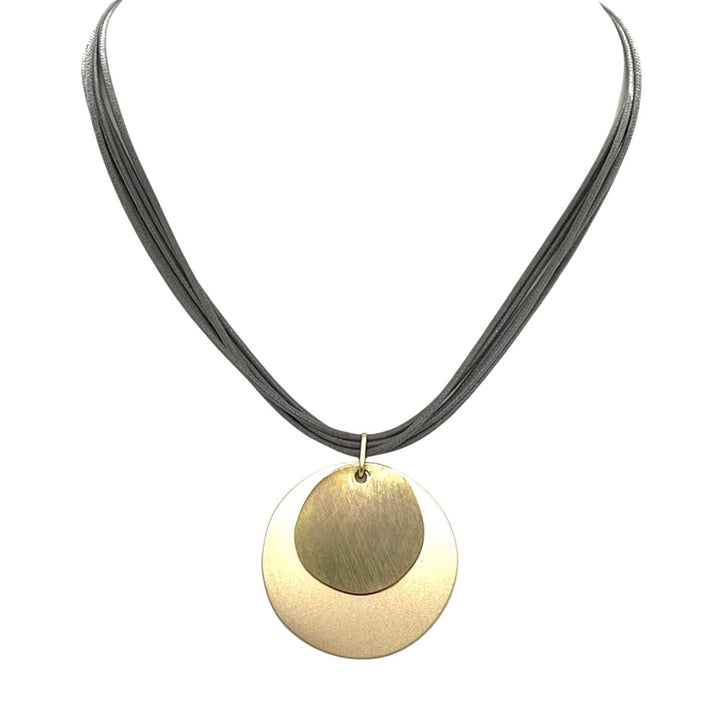 Matte Gold Double Disc Necklace On Bronze Waxed Linen