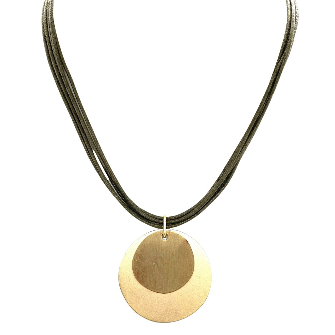 Matte Gold Double Disc Necklace On Bronze Waxed Linen