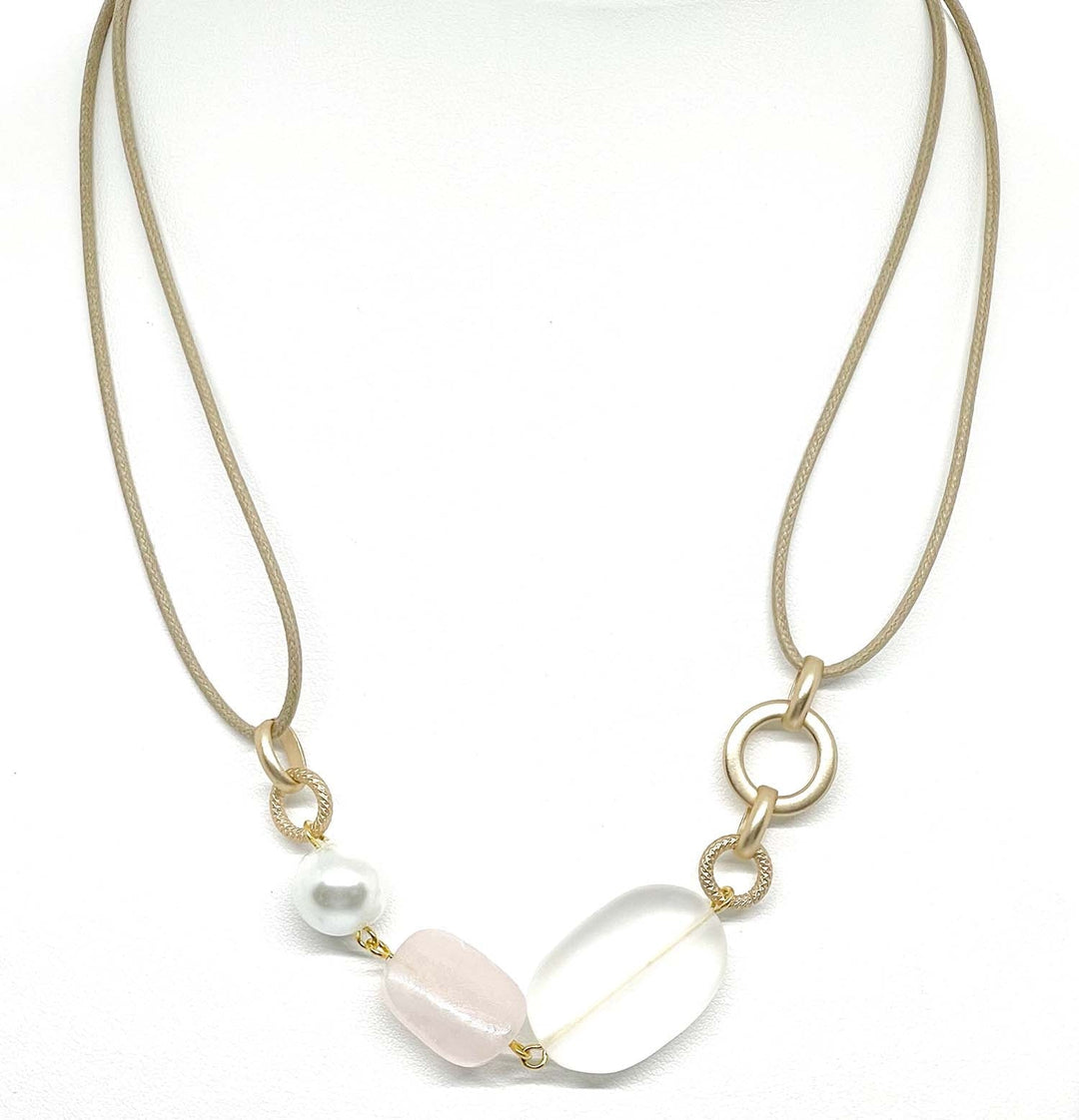 Frosted White Quartz And Rose Quartz With Pearl Matte Gold Linkage Necklace