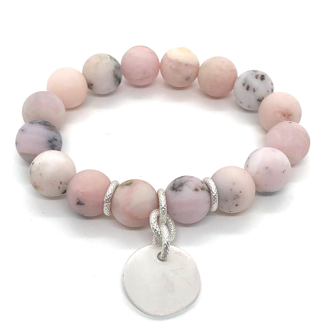 Matte Pink Opal Matte Silver Charm Stretch Bracelet