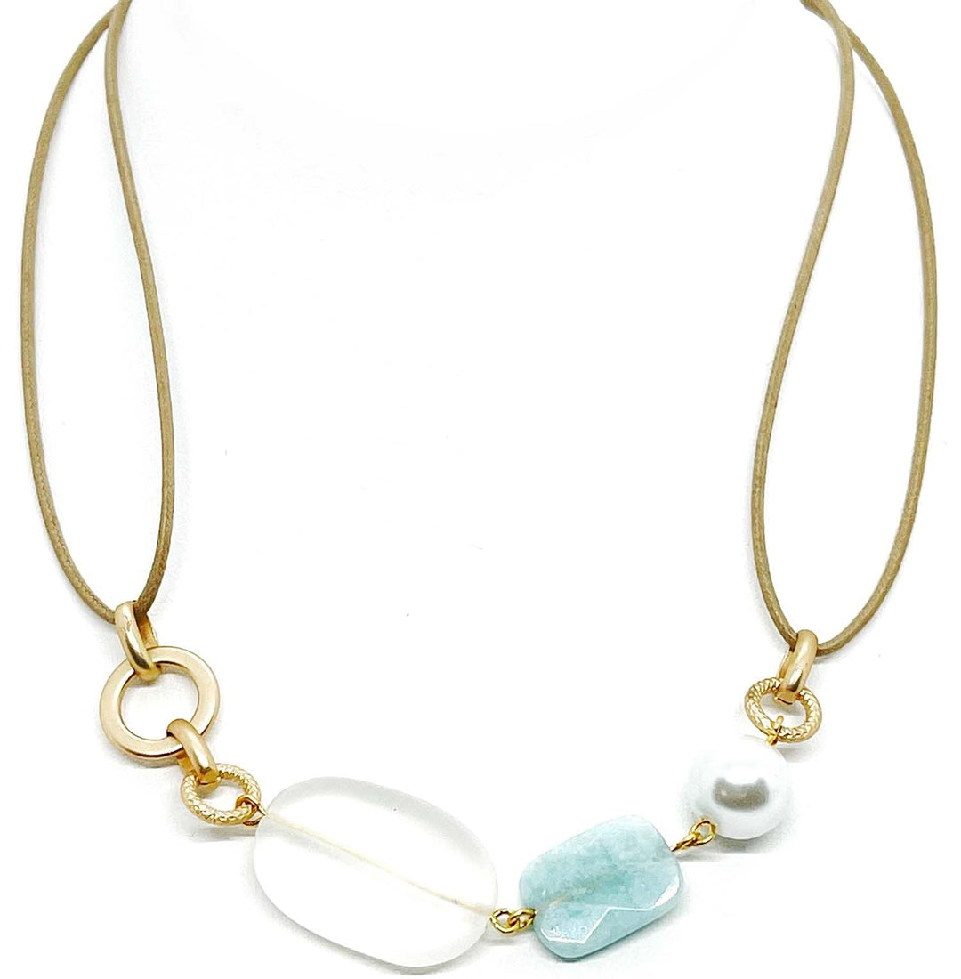 Frosted Quartz Pearl And Amazonite Linkage Linen Necklace