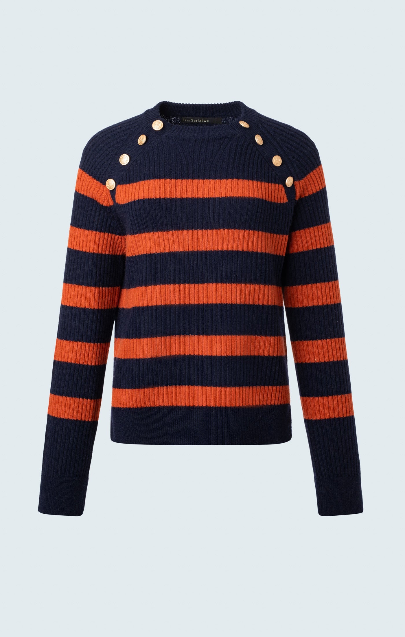 Boxy sailor stripe crew neck sweater with button detail
