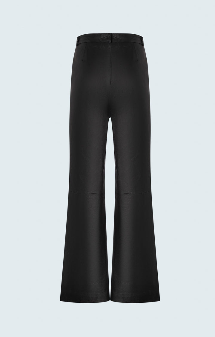 Straight leg leather trousers with cut at hem
