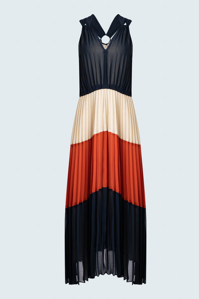 Chiffon pleated midi- dress with criss cross drawstring