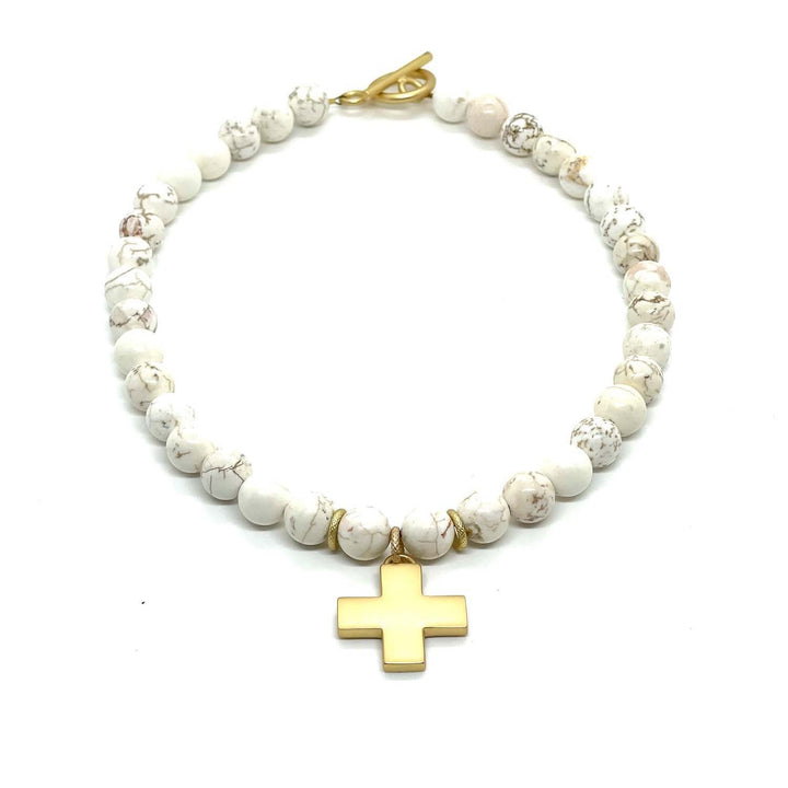 White Magnesite Matte Gold Cross Necklace