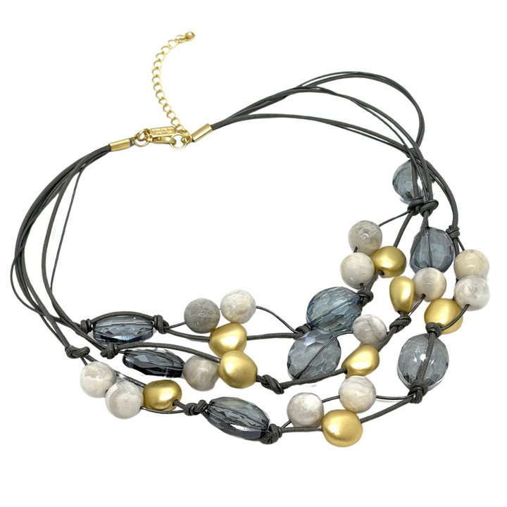 Snowflake Agate Gray Crystal, and Matte Gold Gray Leather And Linen Torsade Necklace