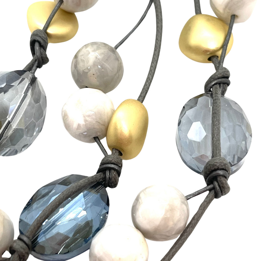 Snowflake Agate Gray Crystal, and Matte Gold Gray Leather And Linen Torsade Necklace