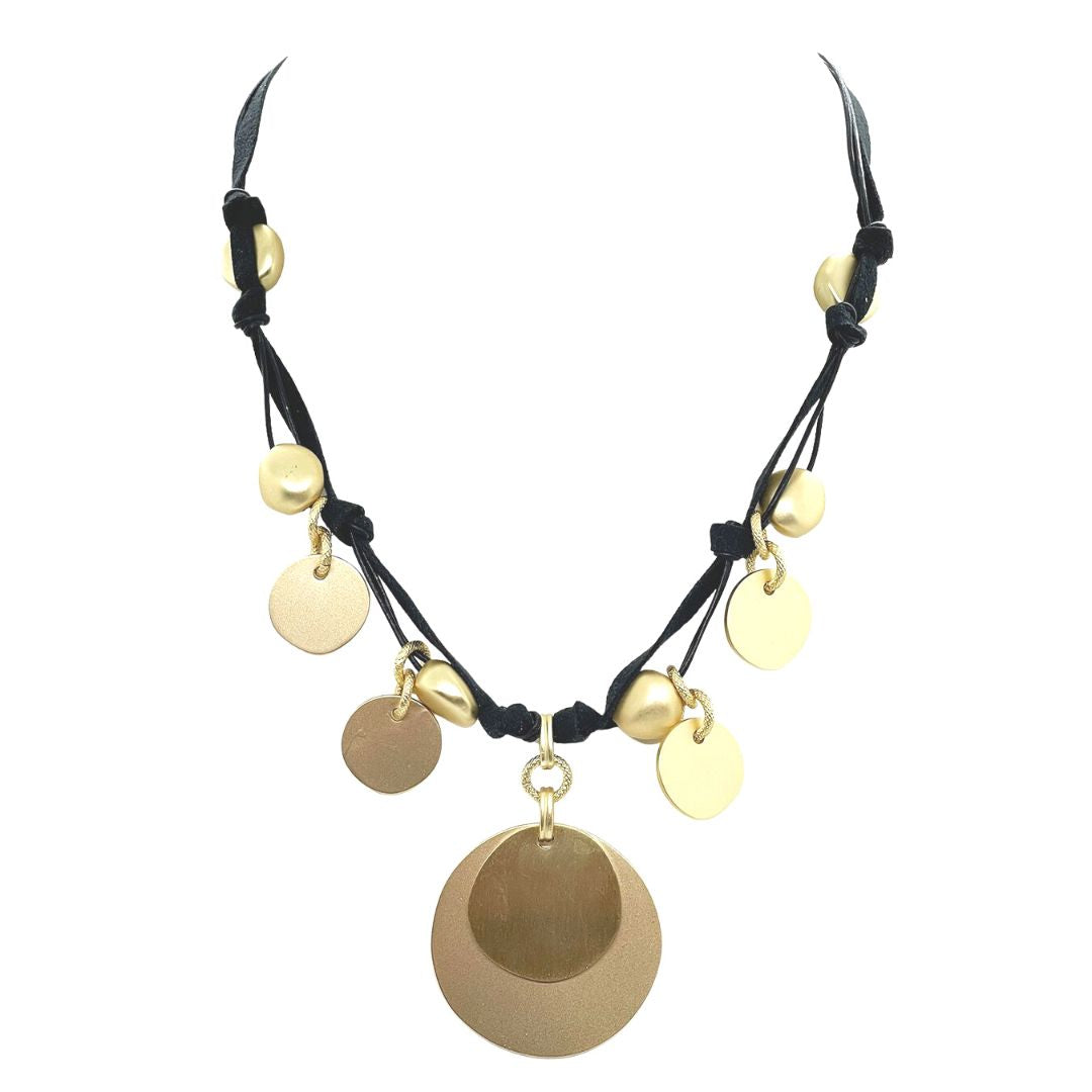 Matte Gold Coin Charm Black Suede Necklace