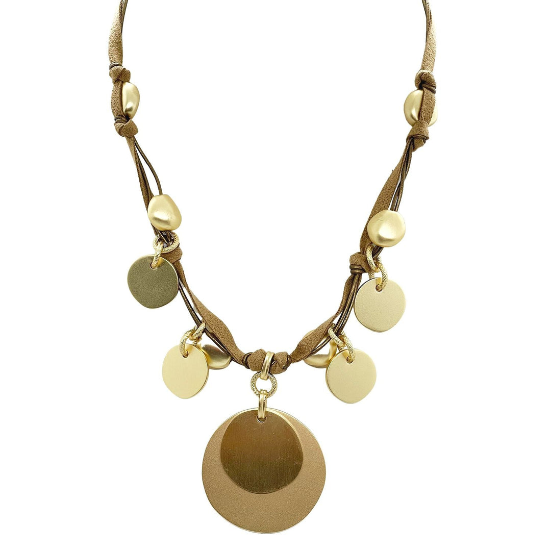 Matte Gold Coin Charm Bronze Suede Necklace