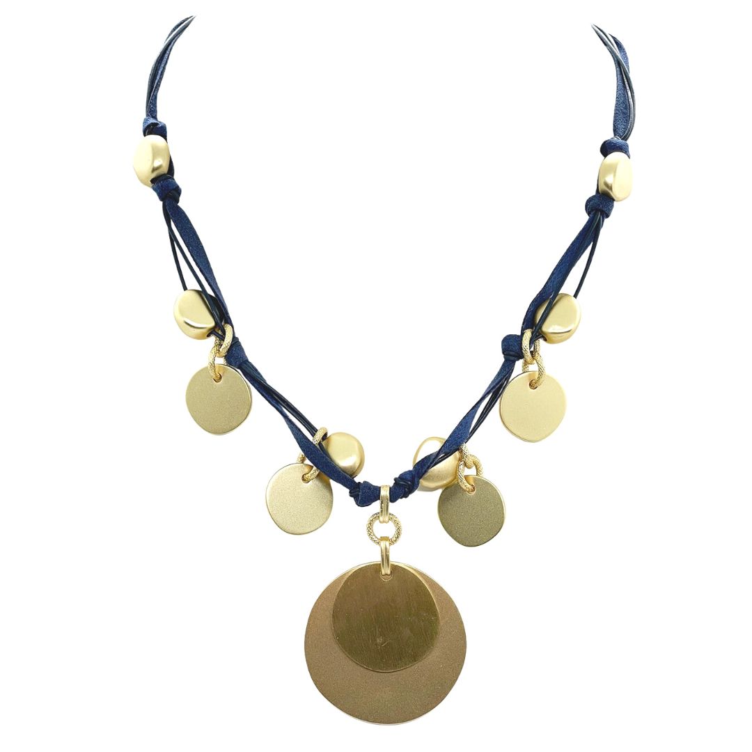 Matte Gold Coin Charm Navy Suede Necklace