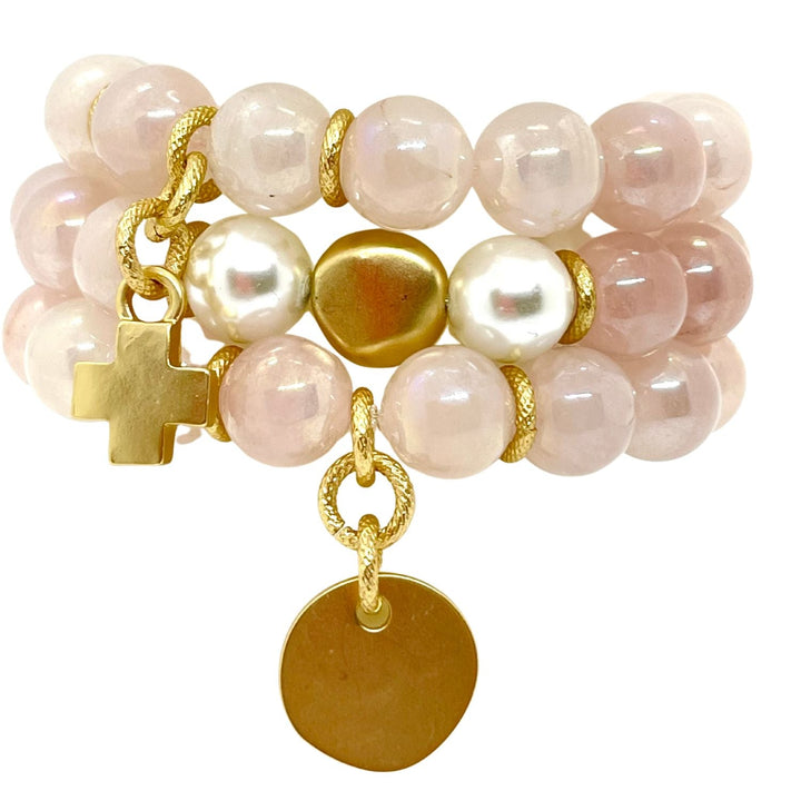 Glazed Rose Quartz Bracelet With Matte Gold Charm