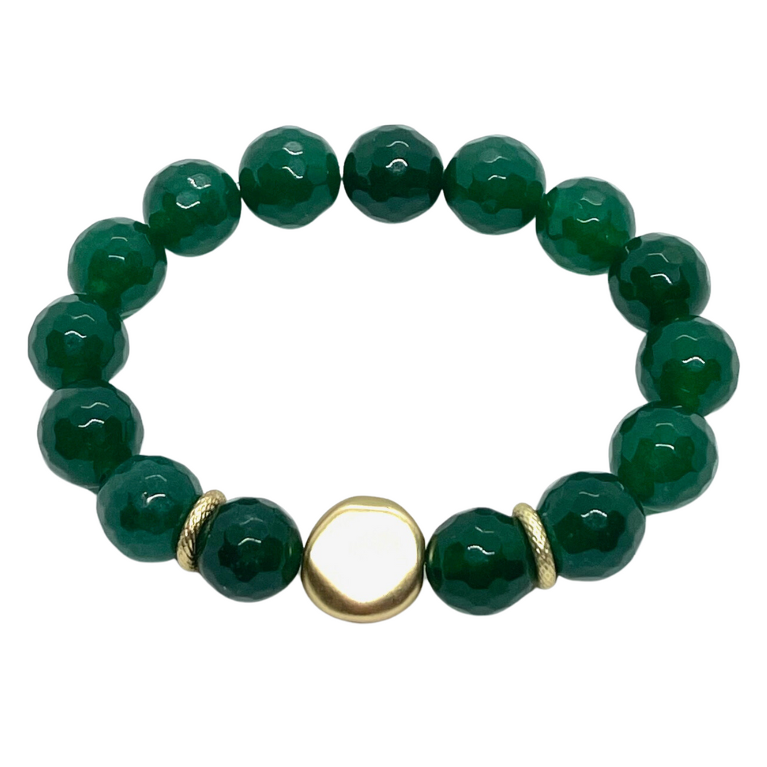 Green Jade Stretch Bracelet with Matte Gold Flat Bead