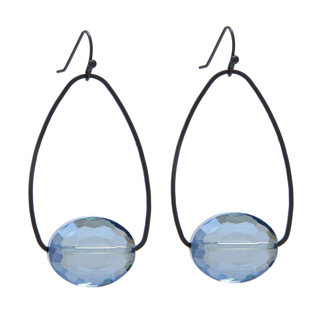 Blue Crystal Inset Oval On Matte Black Earring