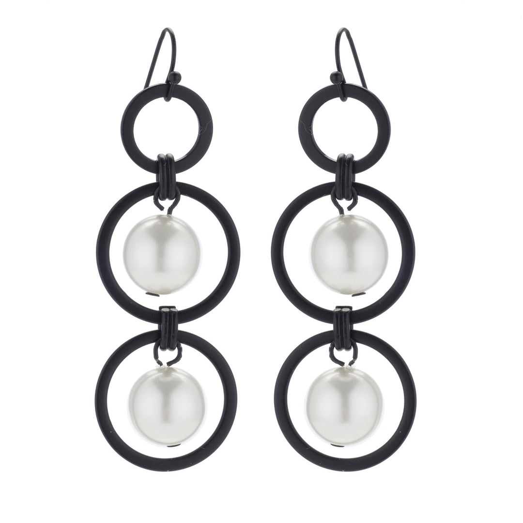 White Glass Pearl Three Loop Matte Black Earrings